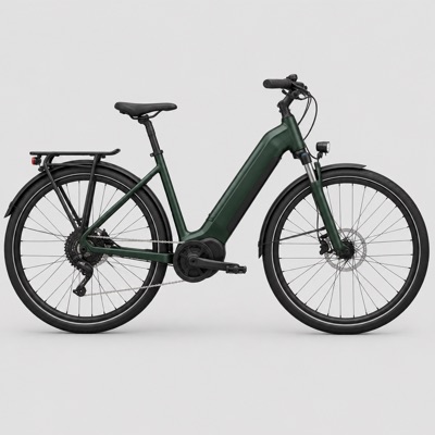 Dunkelgrünes City-E-Bike mit Mittelmotor und Gepäckträger